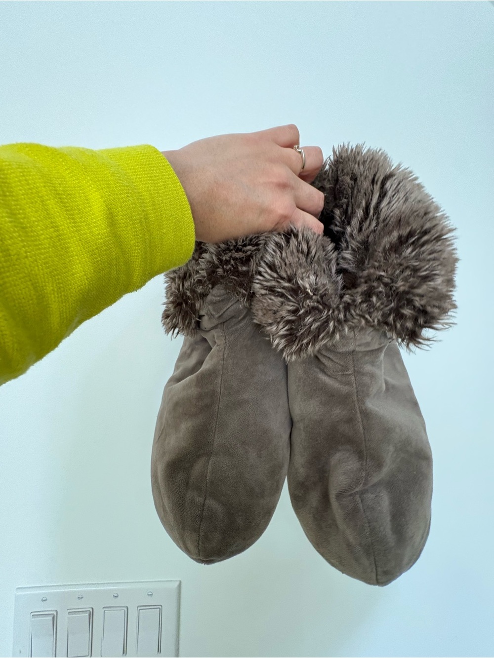 Restoration Hardware Taupe Suede Faux-Fur Lined Slippers